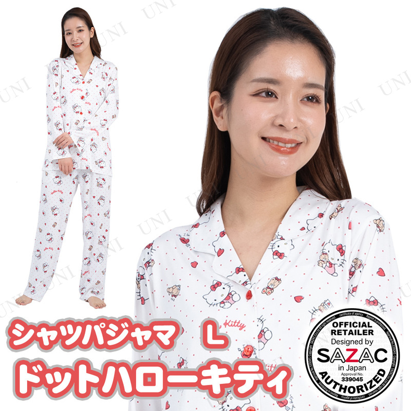【取寄品】 SAZAC(サザック) ドットハローキティシャツパジャマ ホワイト レディスL