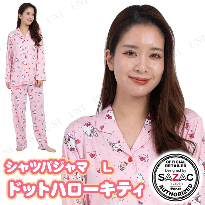 【取寄品】 SAZAC(サザック) ドットハローキティシャツパジャマ アプリコット レディスL
