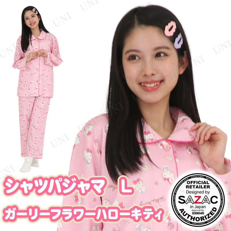 【取寄品】 SAZAC(サザック) ガーリーフラワーハローキティシャツパジャマ ピンク レディスL